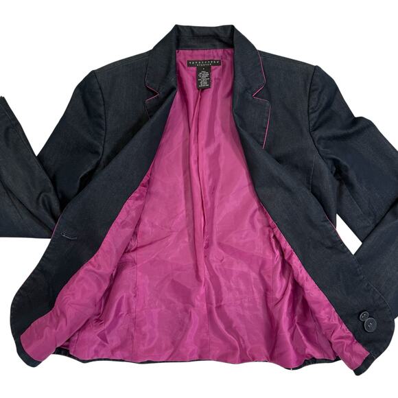 Vtg Apostrophe Blazer Skirt Suit Women Sz 8 Dark Blue Hot Pink Office 90s Work - Picture 7 of 16